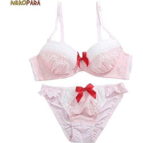 Cute Bow Japanese yle Milk Silk Bra & Panties Set Underwise Push Up Soft Underwear Intimates Set Kawaii Lolita Pink & White