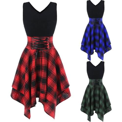 Fashion Women Sleeveless Cold Shoulder Cross Lace Up Plaid Print Irregular Dress Casual Long Girl Tops Dress Female Fashion New
