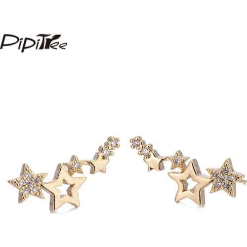 Pipitree Trendy Stars Stud Earrings for Women Girls Copper Rose Gold Color Clear Cubic Zirconia Earrings Punk Hip Hop Jewelry