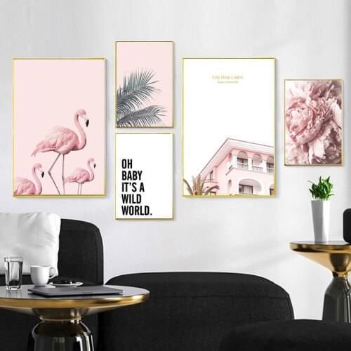 Nordic Flamingo Flower Wall Art Canvas Poster Pink Minimalist Print Painting Scandinavian Decoration Picture Living Room Decor