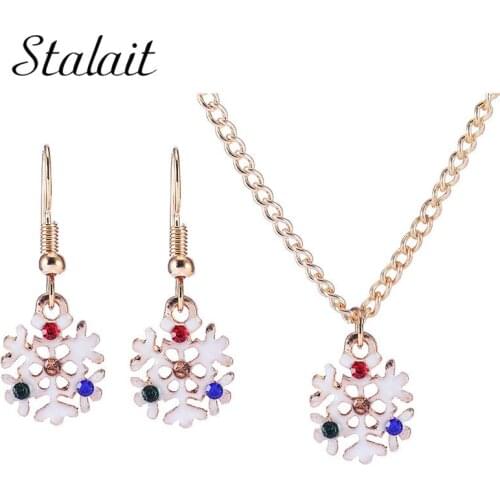 Christmas Cute Snowflake White Enamel Earrings Necklace Colorful Rhinestone Gold Necklace Earrings Set Lovely Christmas Jewelry