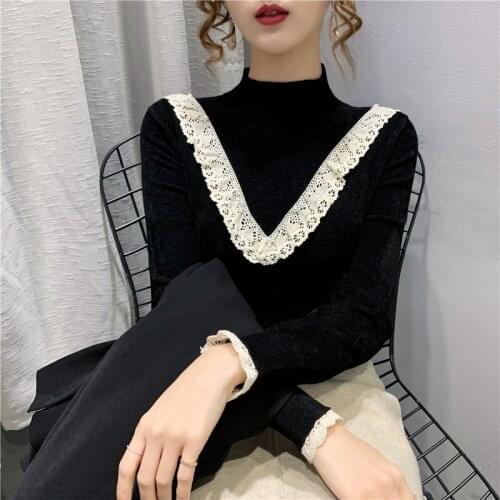 Room 197502, row 2, No. 4, upper] real shot velvet half high collar stitching lace T-shirt 60