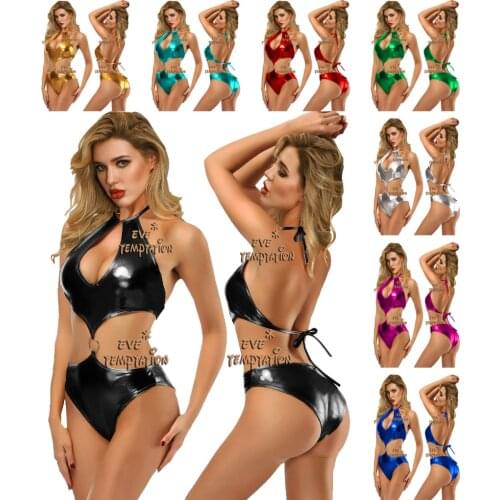 Sexy glisten Metallic PVC FAUX LEATHER Underwear Babydoll bikini leotard dress backless exotic apparel sexy lingerie Pole dance