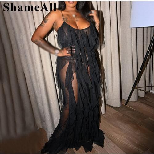 Sexy Ruffles See Through Mesh Sleeveless Party Club Dress Summer Cross Spaghetti Strap Back Open Holiday Beach Long Maxi Dresses