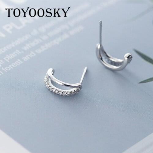 Elegant Half Double Lines Zircon Earrings 925 Sterling Silver Simple Temperament Fashion Geometric Jewelry