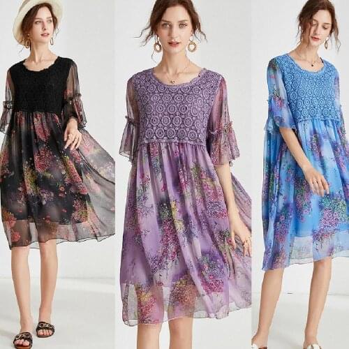 Summer Floral chiffon dress knitted patchwork cute elegant flare midi dress Vacation beach dress casual vestidos plus size 4XL