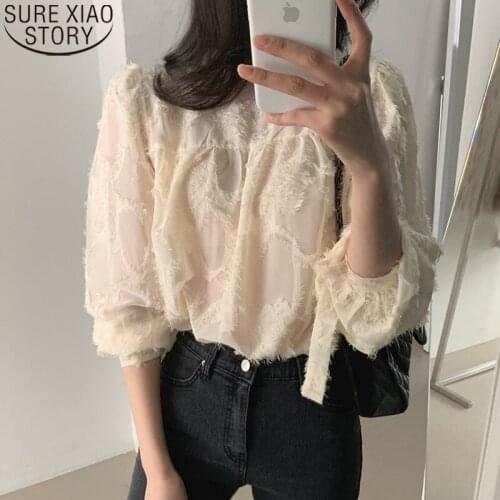 Vintage Shirts Elegant Loose Shirts Autumn Long Sleeve Womens Blouse Stand Collar Lace-up Tie Chic Tassel Tops Mujer 16436