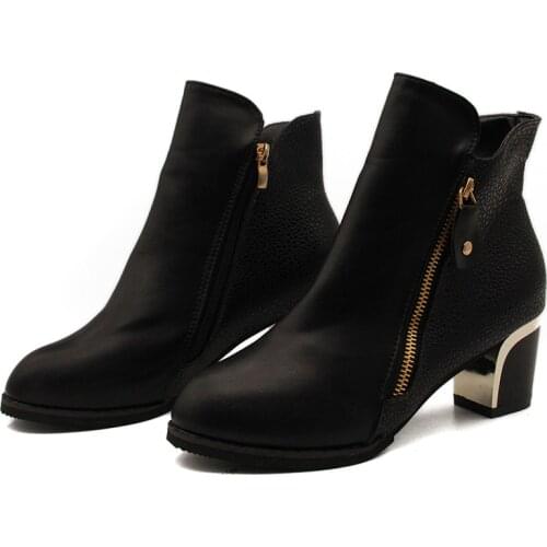 2020 Autumn New Martin Boots Female PU High Square Heel Thick With Side Zipper Spring Women Ankle Boots