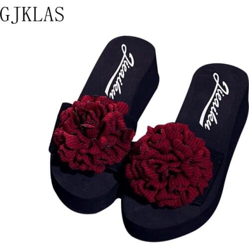 Wedges Womens Beach Shoes Flower Mid-Heels Slippers Platform Summer Slipper Sandals Fashion Cheap Soft Sole Slippers Heel 5cm