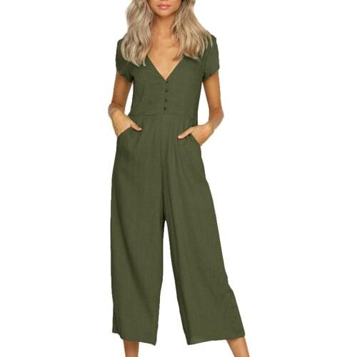 2019 Fashion Rompers Womens Jumpsuit Shorts Cotton Linen Solid Color Short-sleeved V-neck Casual Pockets Pants Jumpsuit 10May 7