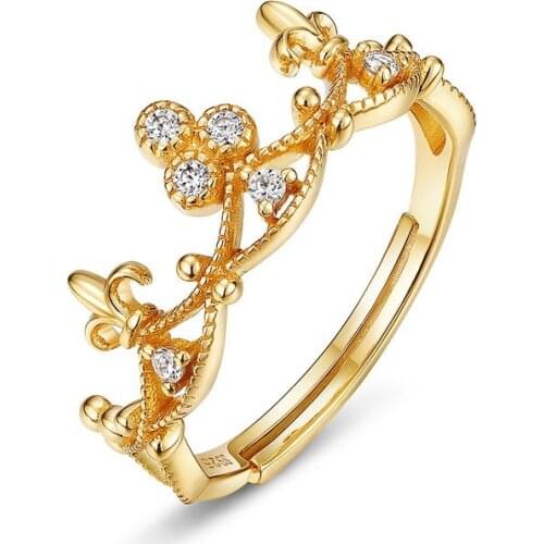 Flower crown gold rings female s925 sterling silver vintage Korean hollow out wedding women zircon ring luxury jewelry