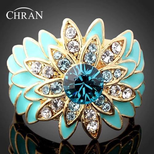 Chran Elegant Enamel Blue Floral Wedding Rings for Women Fashion Crystal Rings Jewelry Accessories