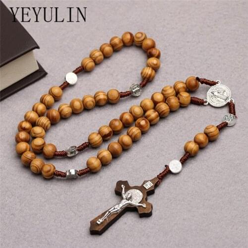 10mm Catholic Handmade Round Pine Wood Beads Rosary Pendant Necklace Cross prayer Choker Necklace For Women Men Jewelry Gifts