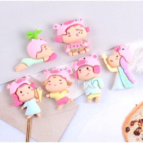 24 Pcs 32*18mm Simulation Cartoon Resin Pink Girl cabochon Scrapbooking DIY Flatback Embellishments Hairpin Brooch Accessories