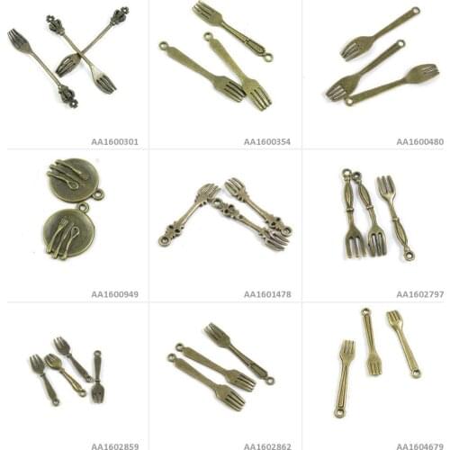 Antique Bronze Tone Jewelry Making Charms Dinner Fork Spork Spoon Plate Crown Bracelet Pendant Necklace