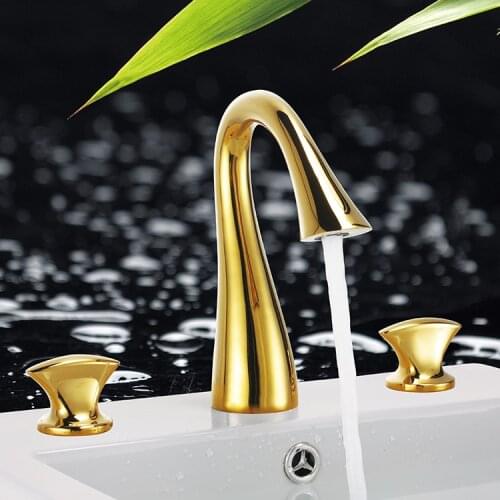 Free ship Contemporary Waterfall Brass Ti-PVD gold Swan Bathroom Sink Faucets Widespread 3 Holes