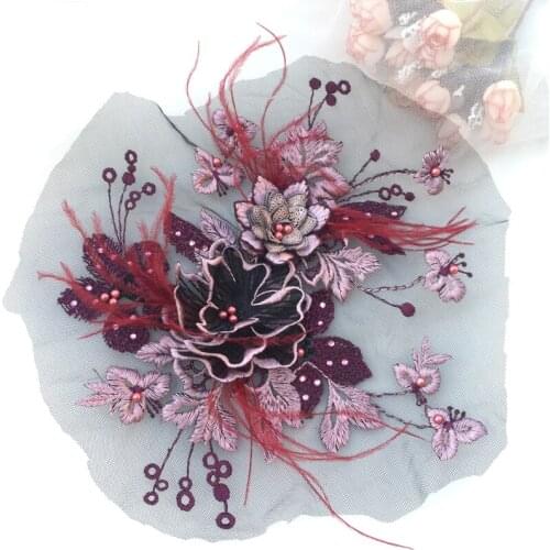 Handmade Beads 3D Wedding Dress Applique DIY Bridal Headdress Ivory White Lace Collar Lace Fabric Patch RS