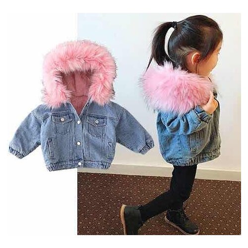 Children Down Coat Winter Plus Velvet Jean Parkas Big Fur Hooded Thickening Korean Girl Denim Snowcoats Childrens Outwear