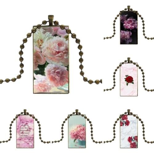For Child Pink Marble Pattern Rose Peony Design Fashion Vintage Glass Women Rectangle Necklace Pendants