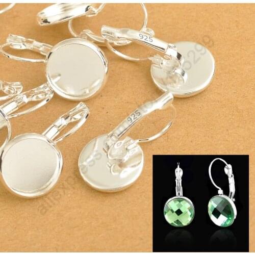 Bulk 8-10-12-14-16-18-20-25MM 925 Sterling Silver Jewelry Findings Flat Cabochon Cameo Settings Earring French Lever Back