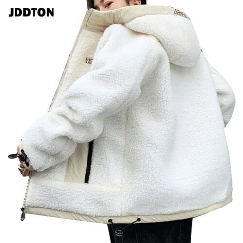 JDDTON Winter Mens Cashmere Jackets Patchwork Hooded Zipper Sweater Casual Windbreaker Loose Coat Fashion Male Streetwear JE397