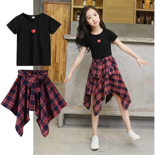 Casual Girls set New Summer Kids Clothes outfits Fashion plaid Cute Girl skirts + t-shirt 2 pcs clothes set 6 8 10 12 years