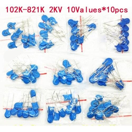 100PCS/lot 2KV high voltage ceramic capacitor Assortment Kit 2KV 102K 221K 332K 471K 472K 561K 681K 821K Ceramic Capacitors set