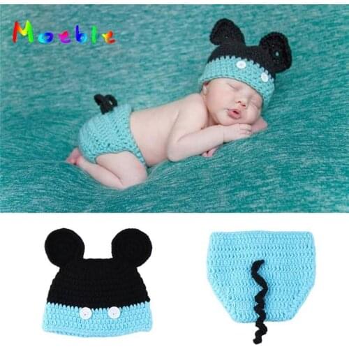 Red and blue Crochet Newborn Mickey Costume Knitted Baby Cartoon Outfit for Photo Shoot Baby Photography Props Crochet Hat