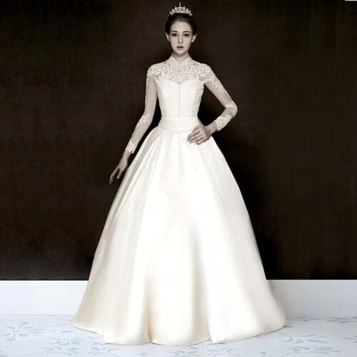 LAMYA High Neck Long Sleeve Satin Wedding Dresses French Simple Pleats Satin Vintage Wedding Gowns Vestidos De Noiva Cheapest