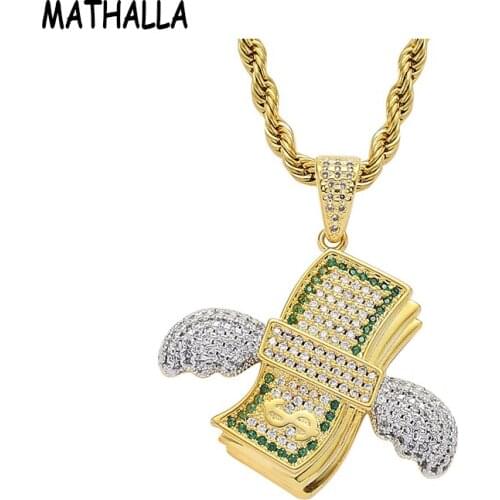 MATHALLA Custom Hip Hop Jewelry Zircon US Dollar with Wing Pendant CZ Iced Out Flying Dollar Pendant Chain Necklace Jewellery