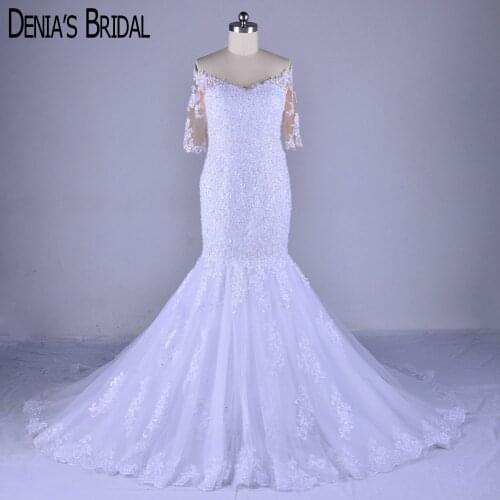 Real Image Mermaid Wedding Dresses V Neck Half Sleeves Application Beaded Court Train Bridal Gowns