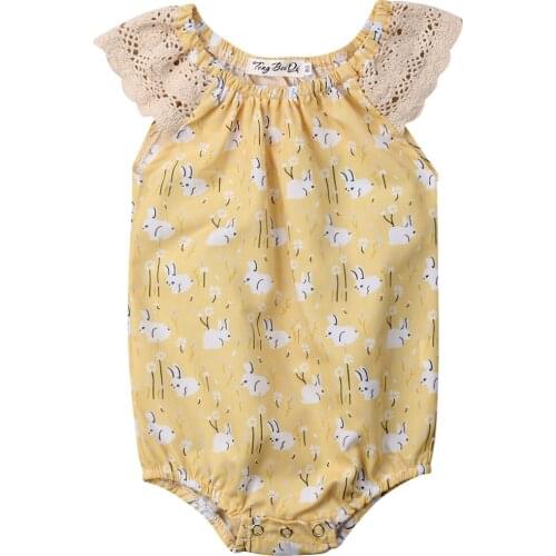 Newborn Baby Girls Clothes Cartoon Bunny Print Lace Baby Romper Jumpsuit Easter Outfit