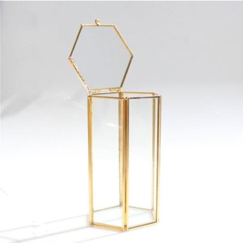 Pure Copper Gold European Six-sided Clamshell Geometric Glass Flower Room Ins Glass Makeup Brush Dressing Table Storage Box