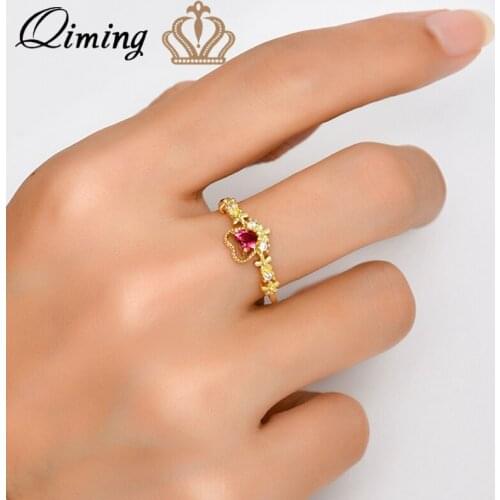 QIMING Rose Pink Crystal Ring For Women Vintage Gold Wedding Luxury Jewelry Engagement Ring Birthday Gift