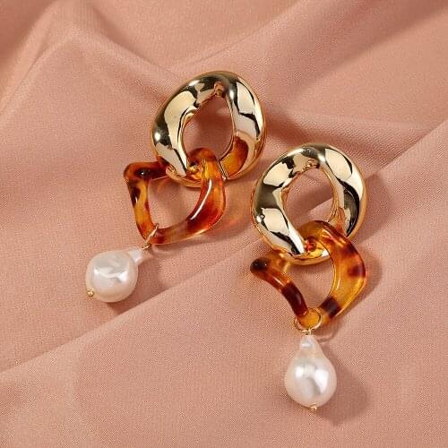 Baroque Pearl Pendant Earrings Dangle Creative Fashion Leopard Print Special-shaped Circle Gold Ear Studs Luxury Jewelry Women