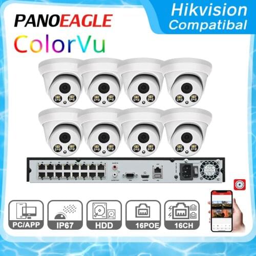 Hikvision Compatible Kits DS-7616NI-Q2/16P 16POE NVR With 8MP Full-color IP Camera POE Built-in MIC 8pcs Plug&play CCTV System