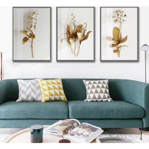 Morden Golden Leaves and Flowers Pictures Wall Art Canvas Painting for Living Room Decoration Wall Decor Print Painting No Frame