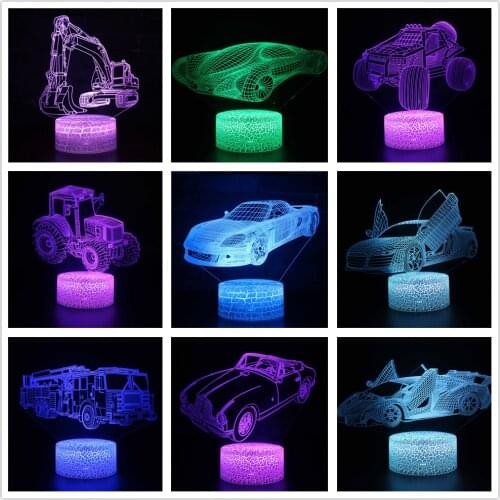 LED 3D Night Lights 7 Colors Changing Acrylic Tractor Truck Car Table Lamp for Home Bedroom Decorations Kids Xmas Gift