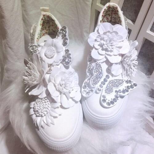 White Retro Flower Canvas Women Platform Shoes Height Increased Internal Women Pumps for Girls Lady Students Party Prom