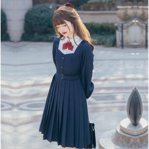Jk Uniform Costume Cute Sweet Deep Blue Lolita Top Student Pleated Dress Women Lolitas Kawaii Bow Dress D811