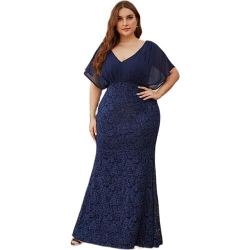 Evening Dress Navy Blue Empire Short Sleeves Floral Print Mermaid Fashion Pleat Floor-Length Plus Size Women Formal Gowns D991