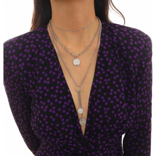 Jewelry retro fashion coin geometric necklace female personality embossed tassel pendant stacking necklace