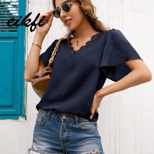 EIKFI V Neck Black Lace Trim Women Blouse 2021 Summer Ladies Short Sleeve Casual Loose Solid Yellow Black Red Tops and Blouses