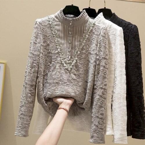 Womens T-shirt Plus Velvet/thin Spring/winter New Style Plus Size Lace Plus Velvet Thick Bottoming Shirt Half High Collar Top