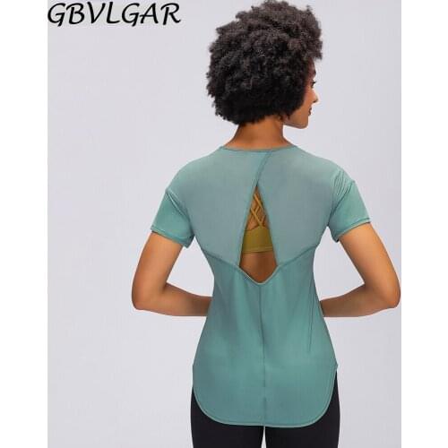 2021 Women O Neck Hip Length Loose Fit Sport Fitness Yoga T-shirts Lightweight Mesh Patchwork Workout Gym Short Sleeved Shirts