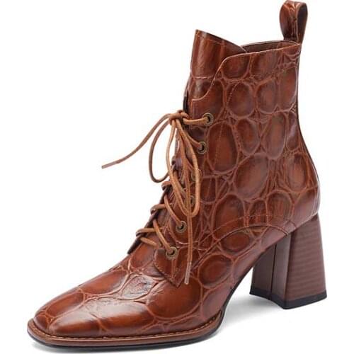 MORDOAN Genuine Leather 2021 Autumn Womens Boots Square Toe Thick heel Platform Shoes Ankle For Women