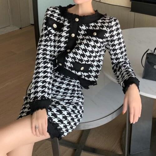 Women Mini Bodycon Skirt Suits Sungtin Vintage Cropped Houndstooth 2 Two Piece Set Female Elegant Knitted Plaid Set Korean Sweet