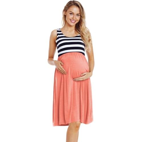 Women Striped Sleeveless Patchwork Maternity Dress Pregnant Tank Tops Knee Length Pregnancy High Waist Fitted Casual Dress