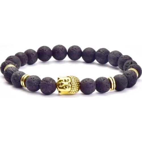 8mm Buddha Head Yoga Bracelet Silver and Gold Lava Natural Black Stone Beads Buddhism Bracelets For Men Women Gift Wholesale