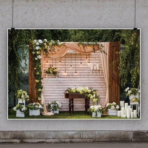 White Potted Plants and Vines on Wooden Planks Backdrops Photo Vinyl Background Decorations for Wedding Party Photography Props
